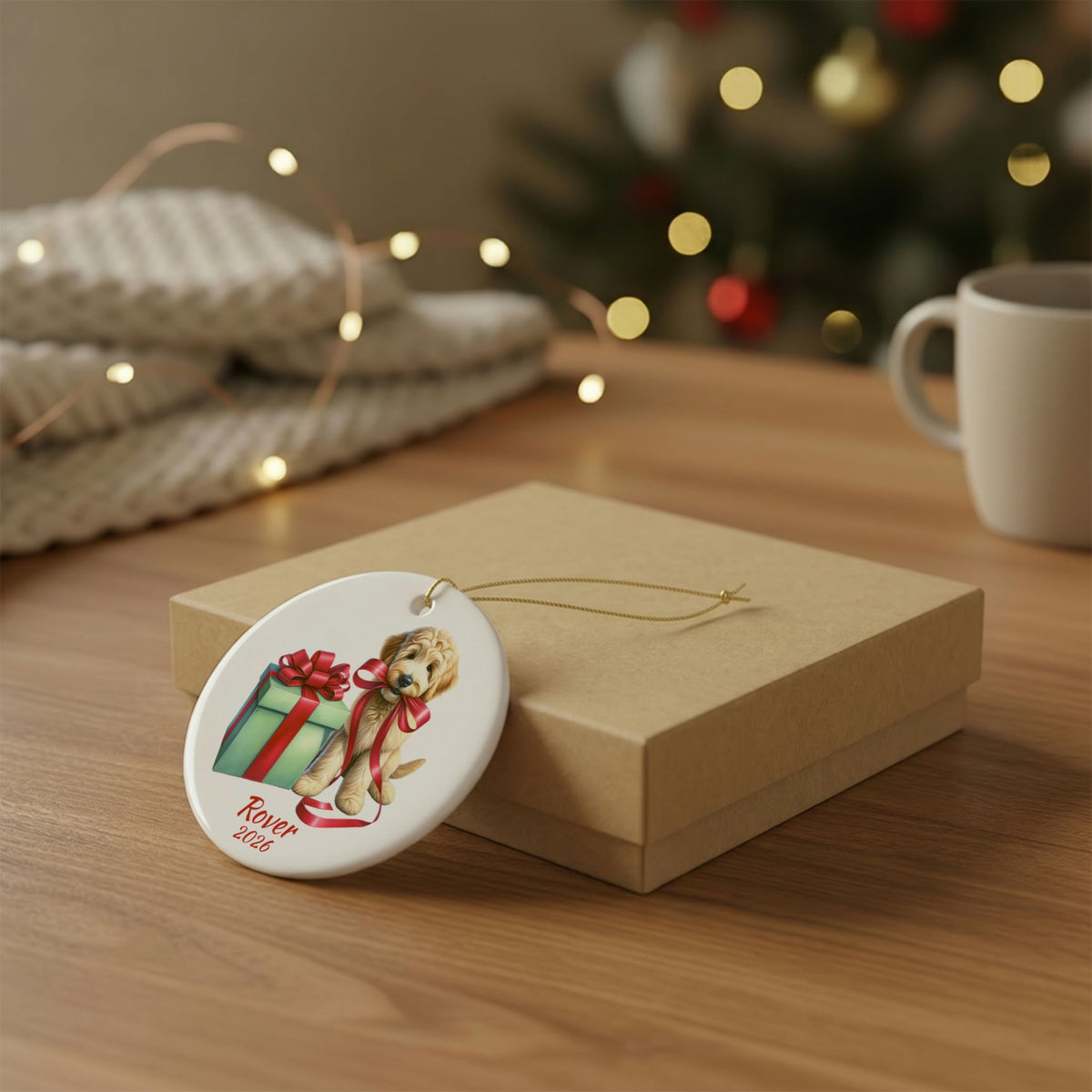 Goldendoodle ornament shown with the gold gift box option