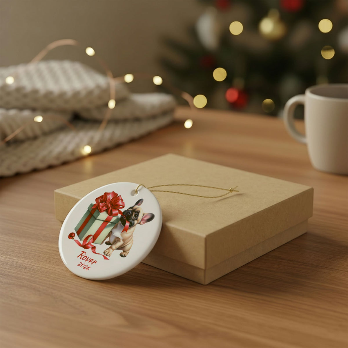 Fawn French Bulldog ornament shown with the gold gift box option