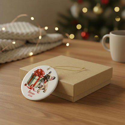 Fawn French Bulldog ornament shown with the gold gift box option