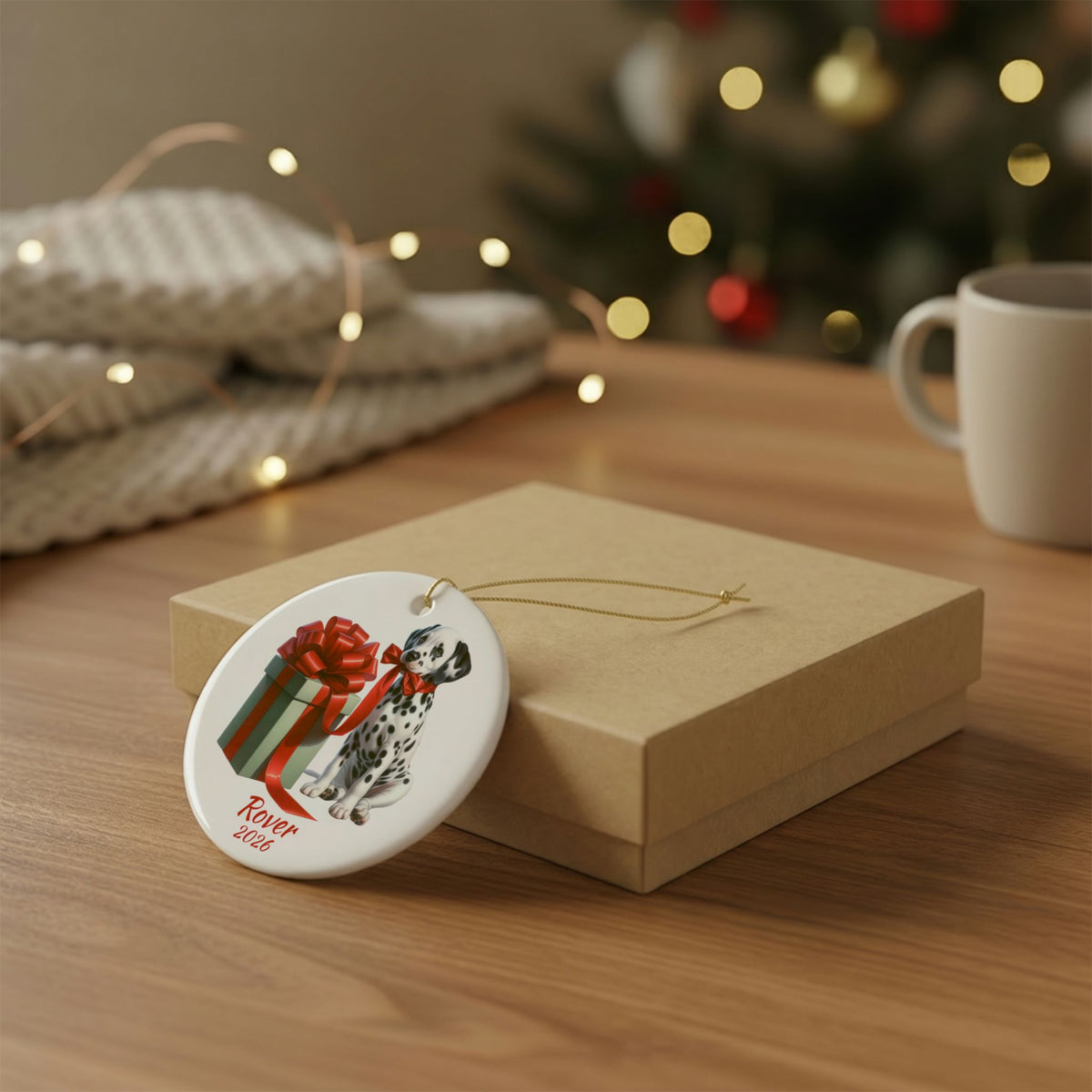 Dalmatian ornament shown with the gold gift box option