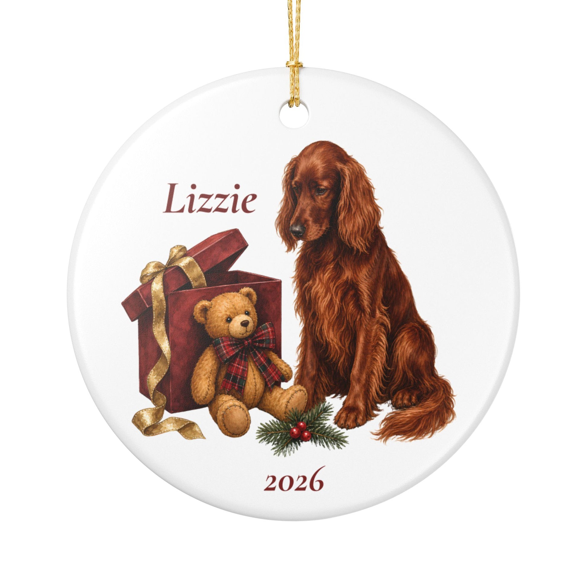 Irish Setter ornament shown with the white gift box option
