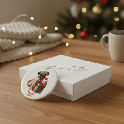 Fawn Pug ornament shown with the white gift box option