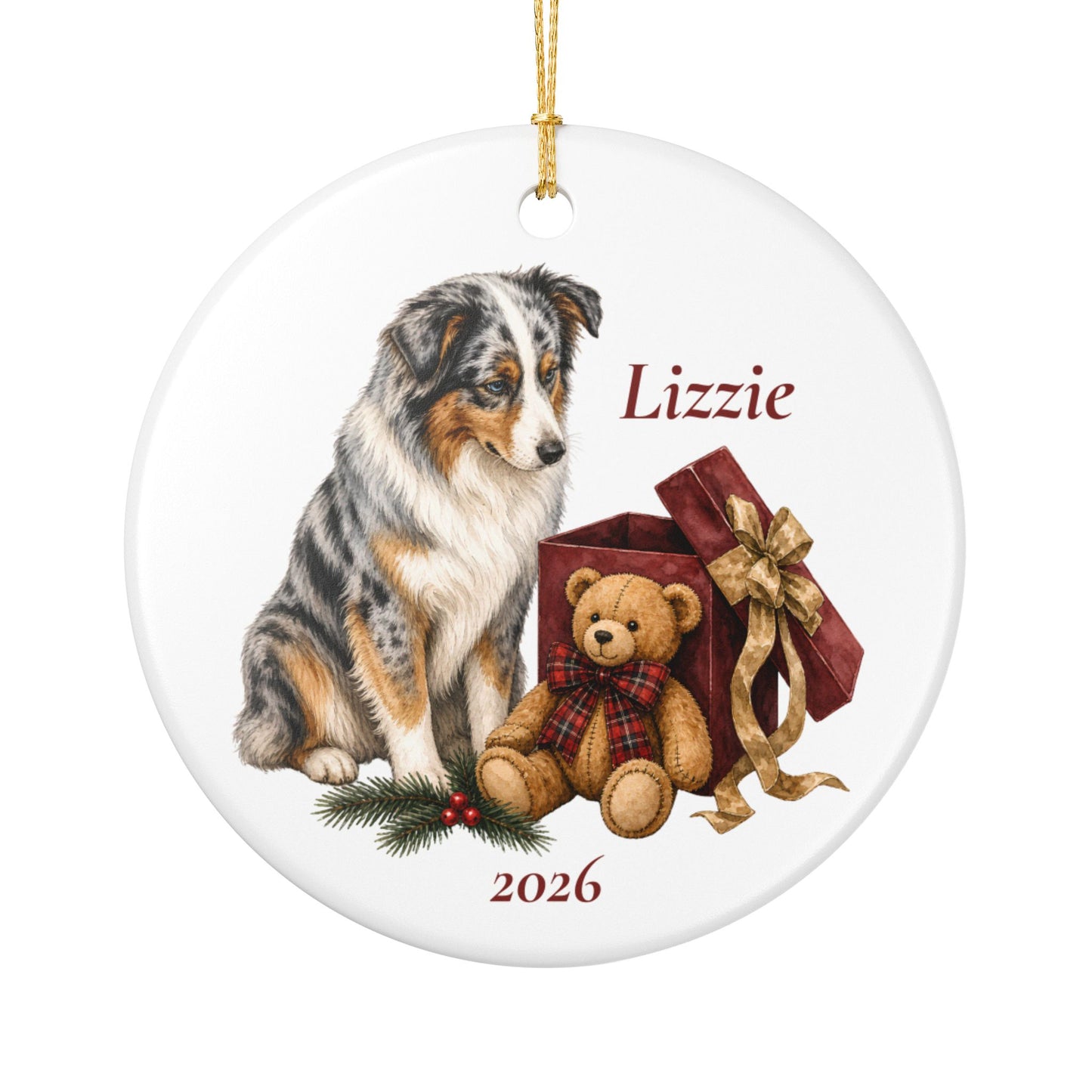 Australian Shepherd ornament shown with the gold gift box option