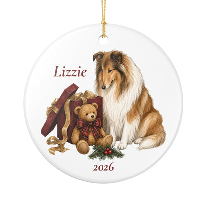 Rough Collie ornament shown with the gold gift box option