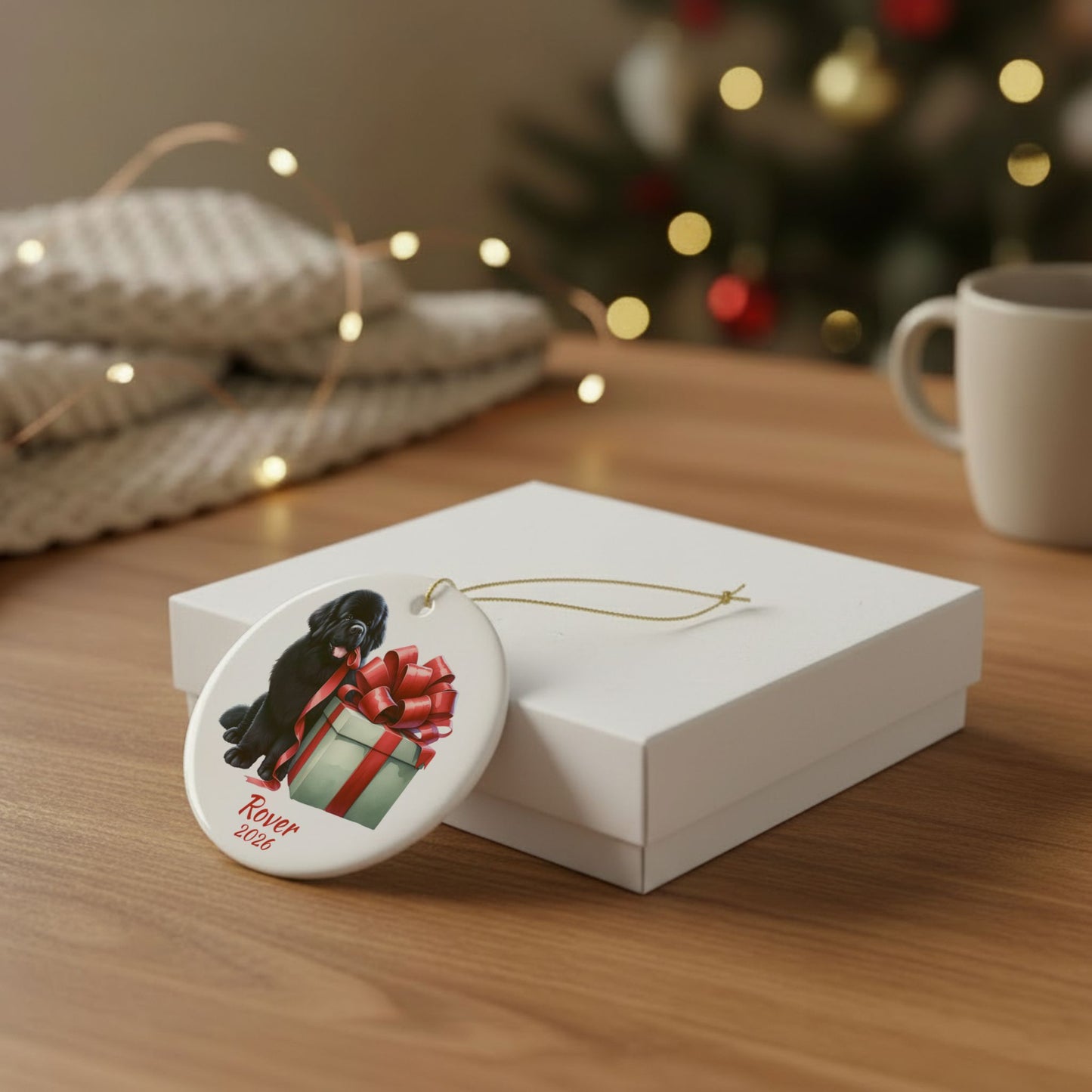 Newfoundland ornament shown with the white gift box option