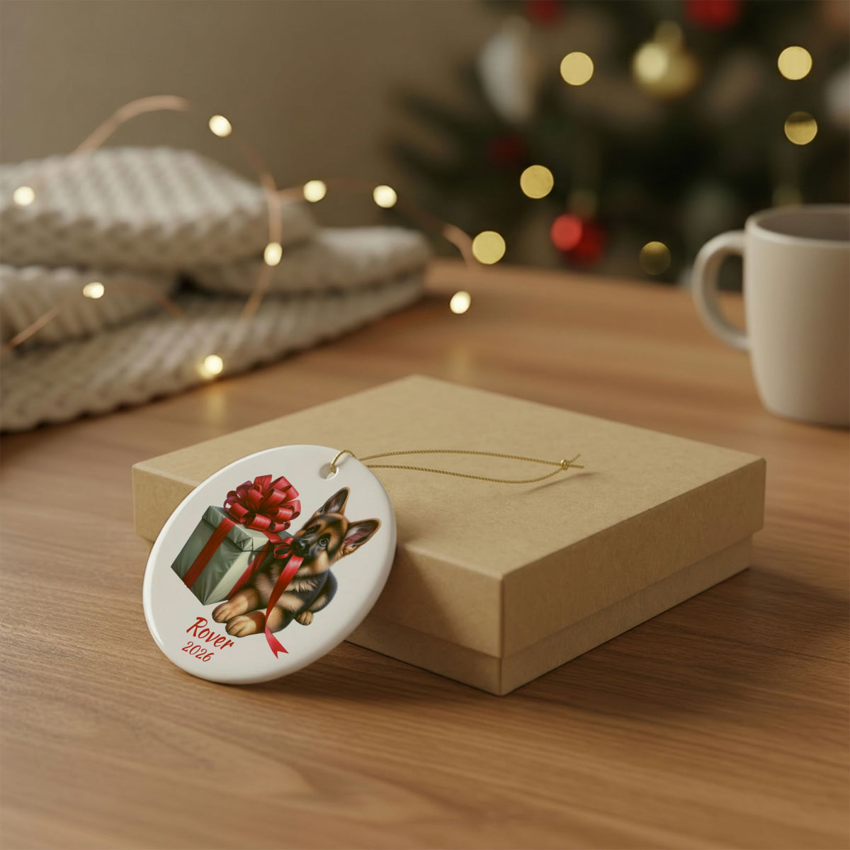 German Shepherd ornament shown with the gold gift box option