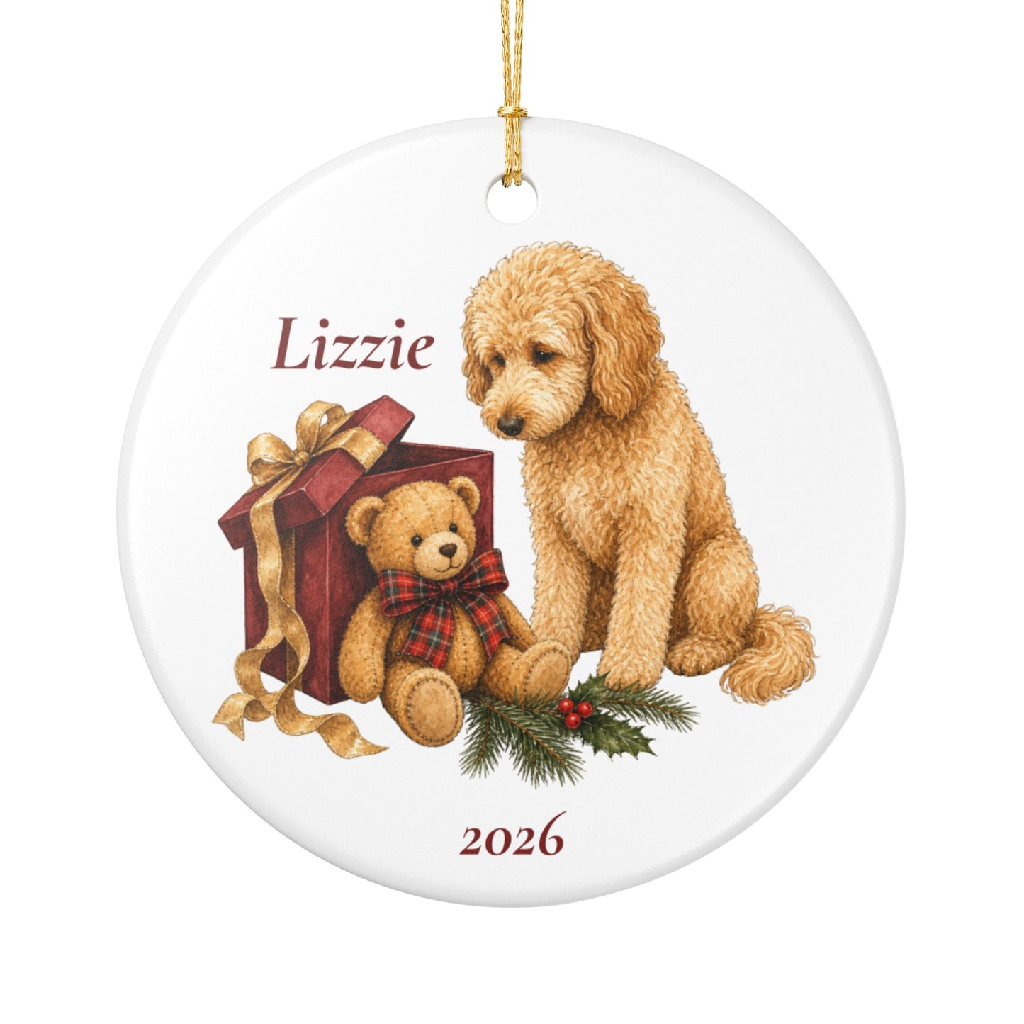 Goldendoodle ornament shown with the gold gift box option