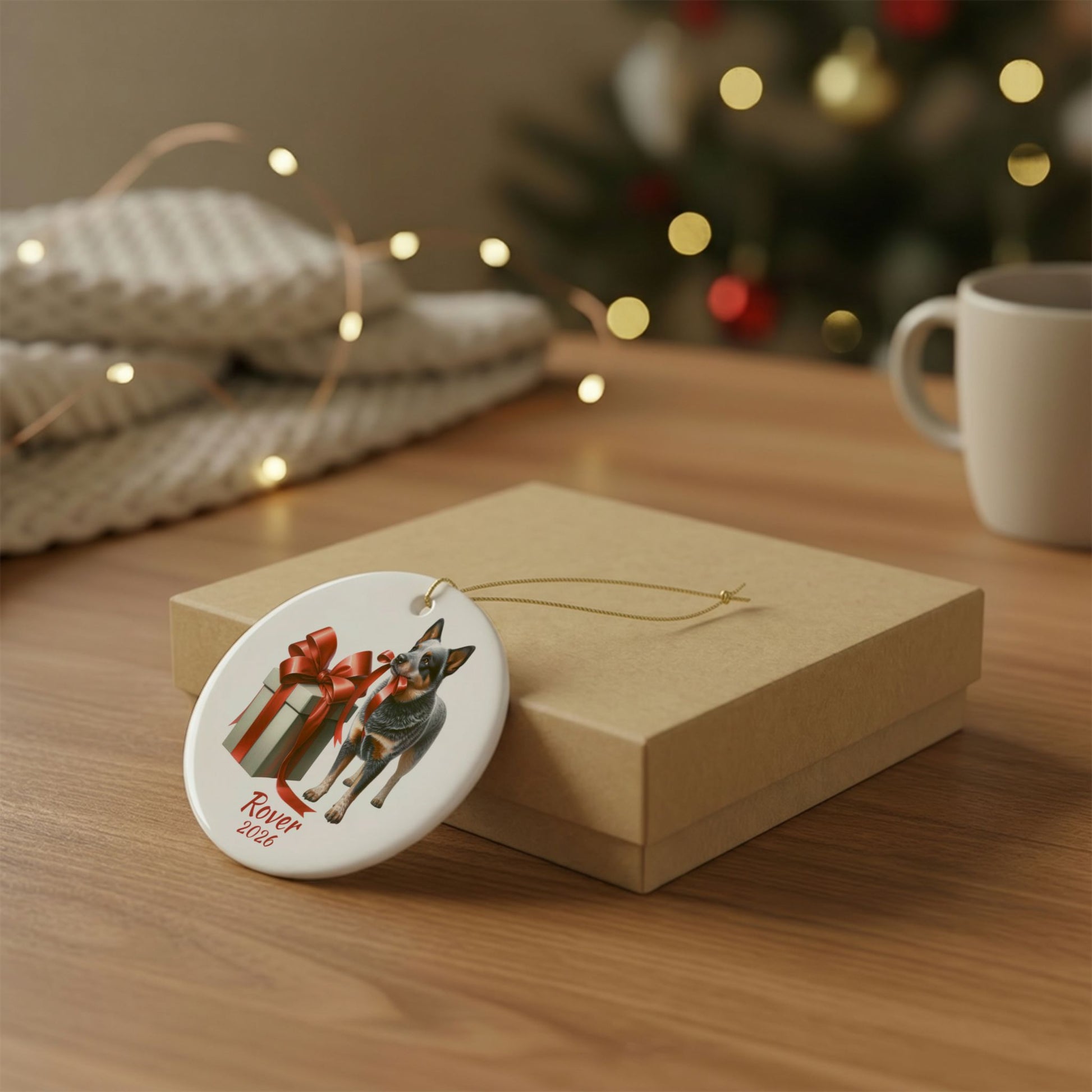 Australian Cattle Dog ornament shown with the gold gift box option