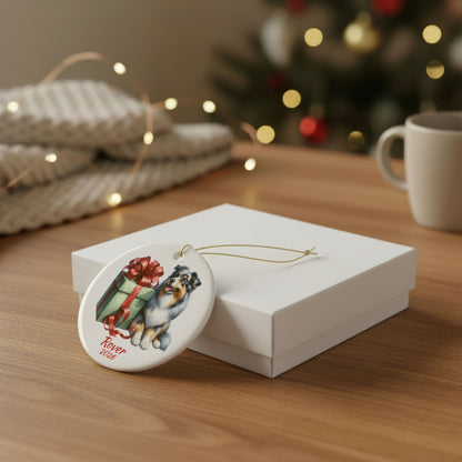Australian Shepherd ornament shown with the white gift box option