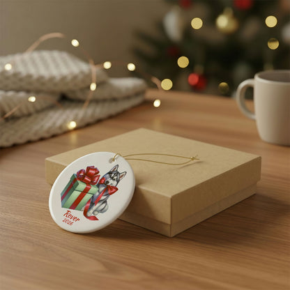 Siberian Husky ornament shown with the gold gift box option