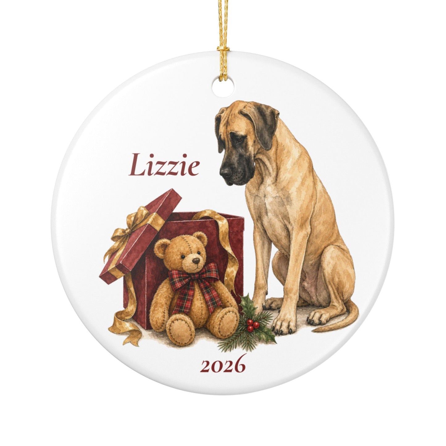 Great Dane (Fawn) ornament shown with the gold gift box option