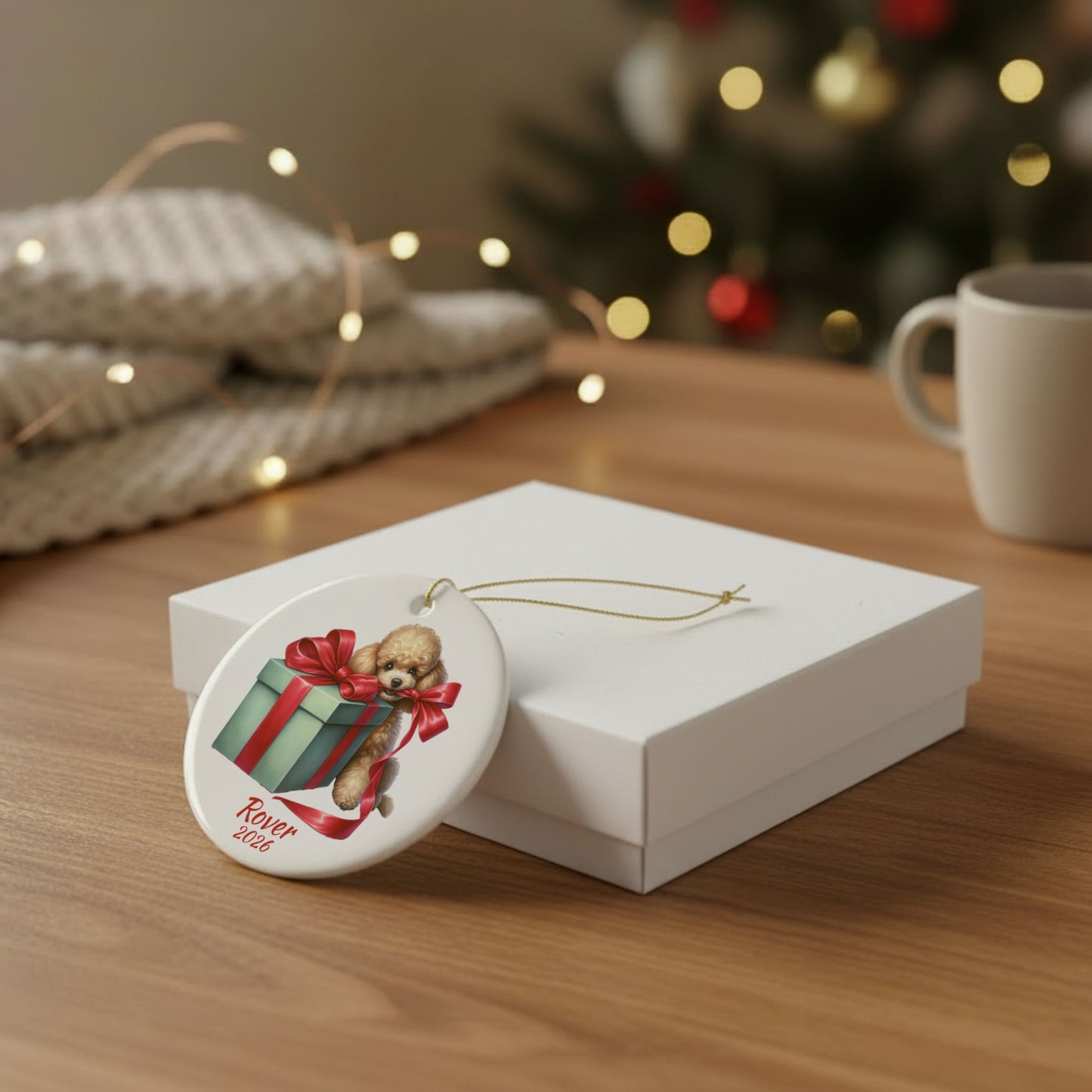 Apricot Poodle ornament shown with the white gift box option