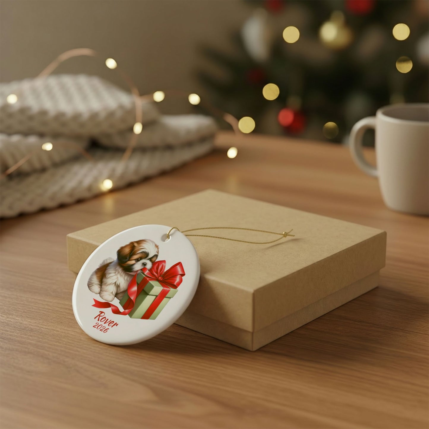 Shih Tzu ornament shown with the gold gift box option