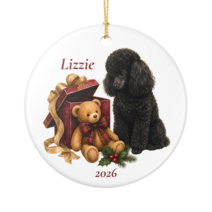 Miniature Poodle (Black) ornament shown with the gold gift box option
