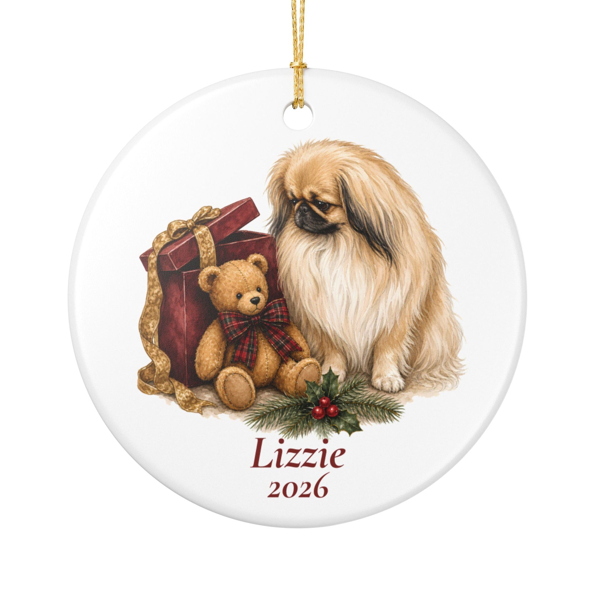 Pekingese ornament shown with the gold gift box option