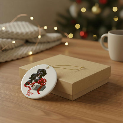 Portuguese Water Dog ornament shown with the gold gift box option