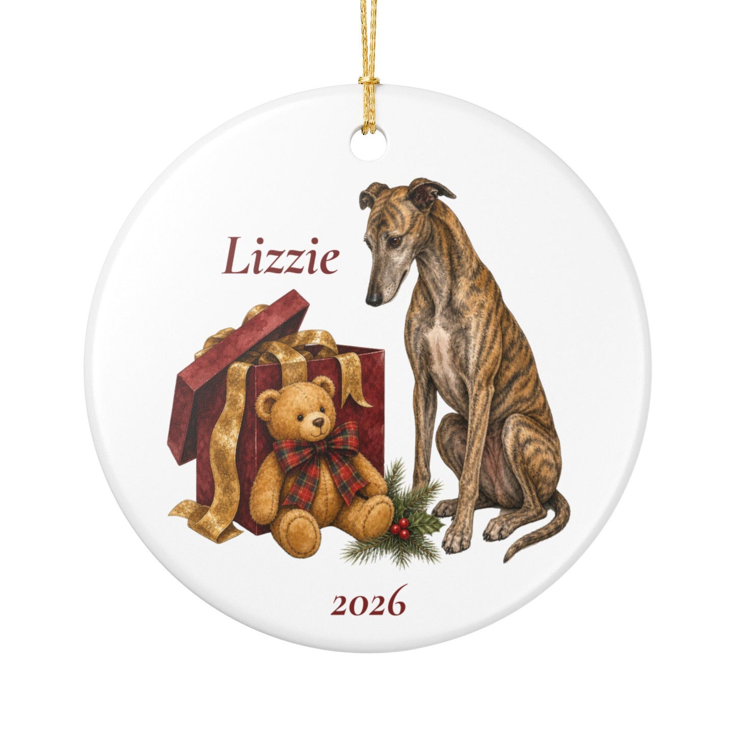 Greyhound (Brindle) ornament shown with the white gift box option