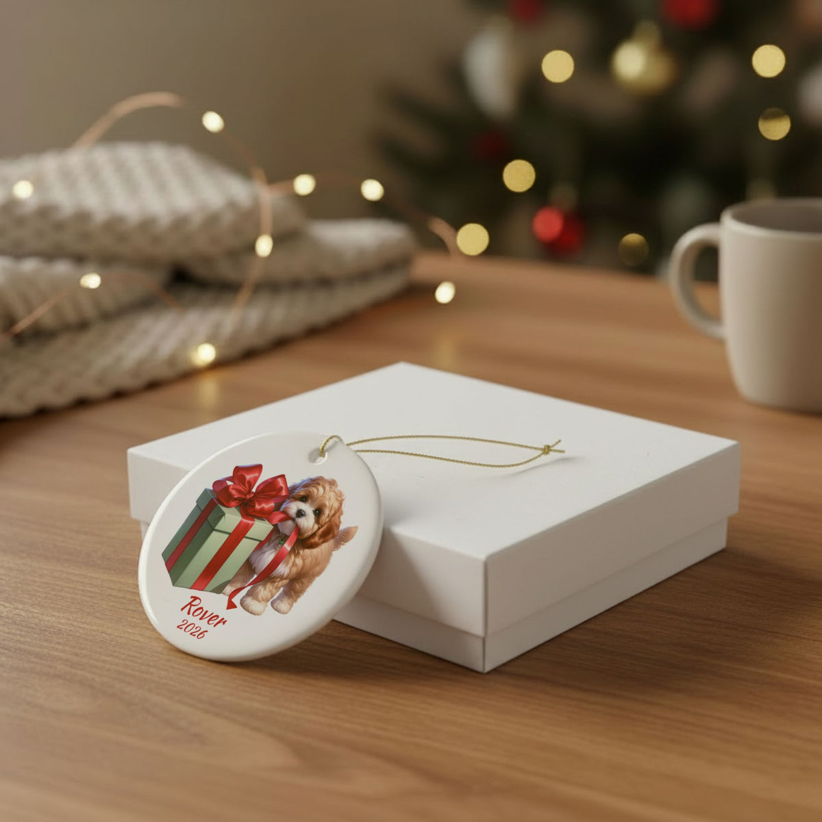 Cavapoo ornament shown with the white gift box option