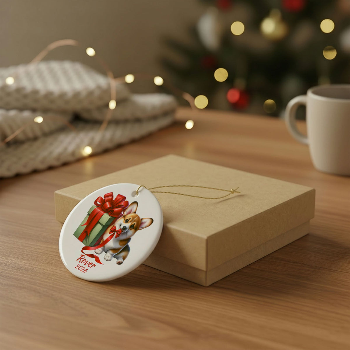 Corgi ornament shown with the gold gift box option