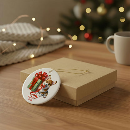 Corgi ornament shown with the gold gift box option