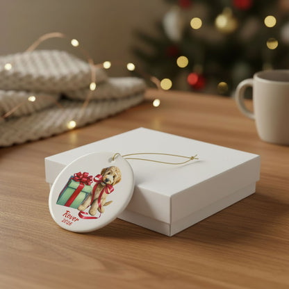 Goldendoodle ornament shown with the white gift box option
