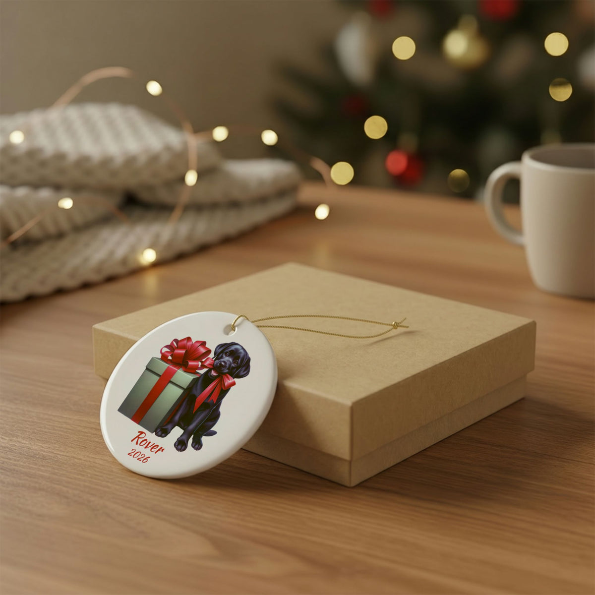 Black Labrador Retriever ornament shown with the gold gift box option
