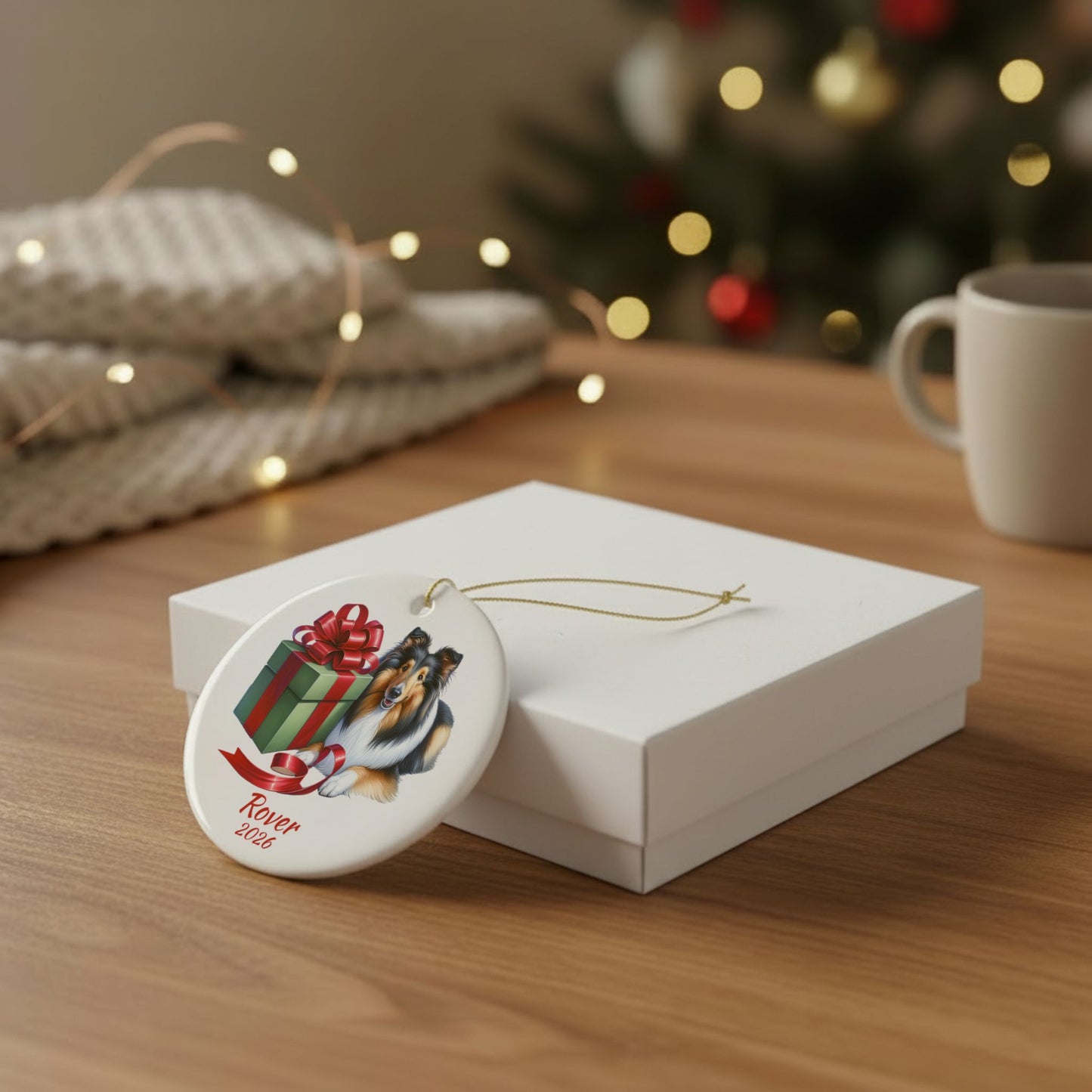 Rough Collie ornament shown with the white gift box option