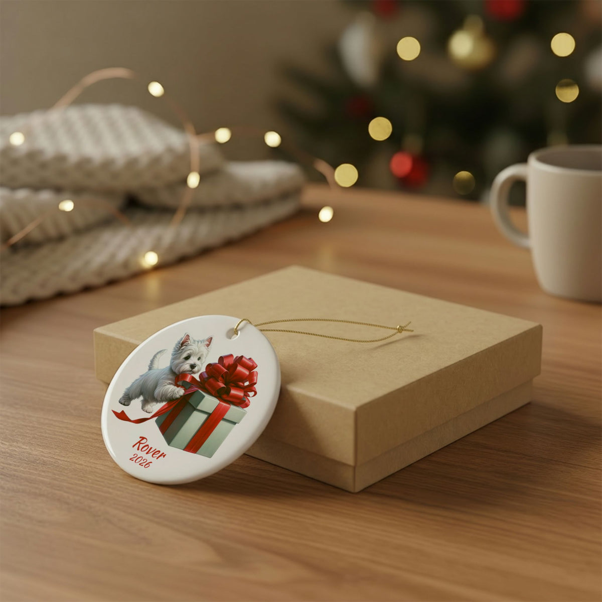 West Highland Terrier ornament shown with the gold gift box option