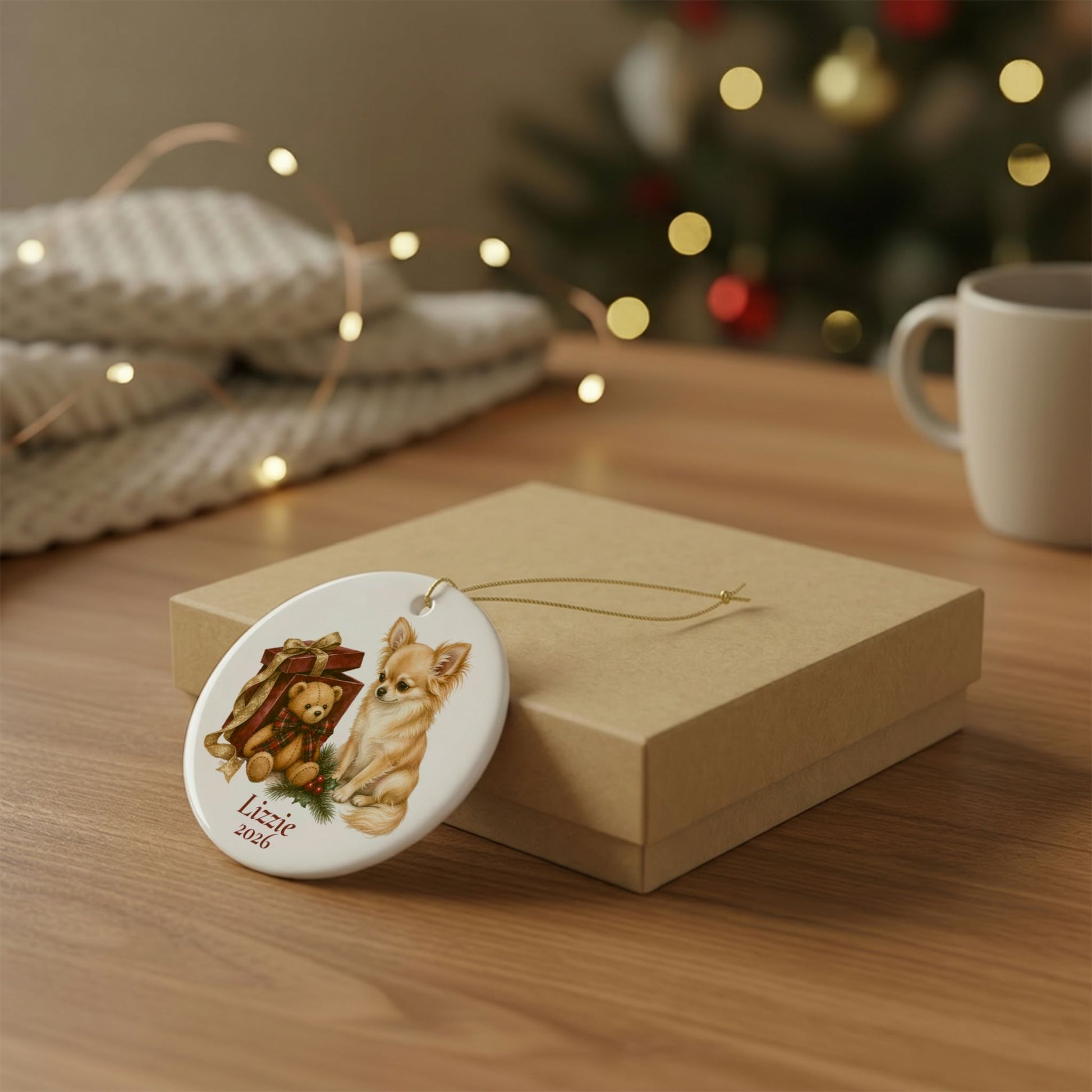 Longhaired Chihuahua ornament shown with the white gift box option