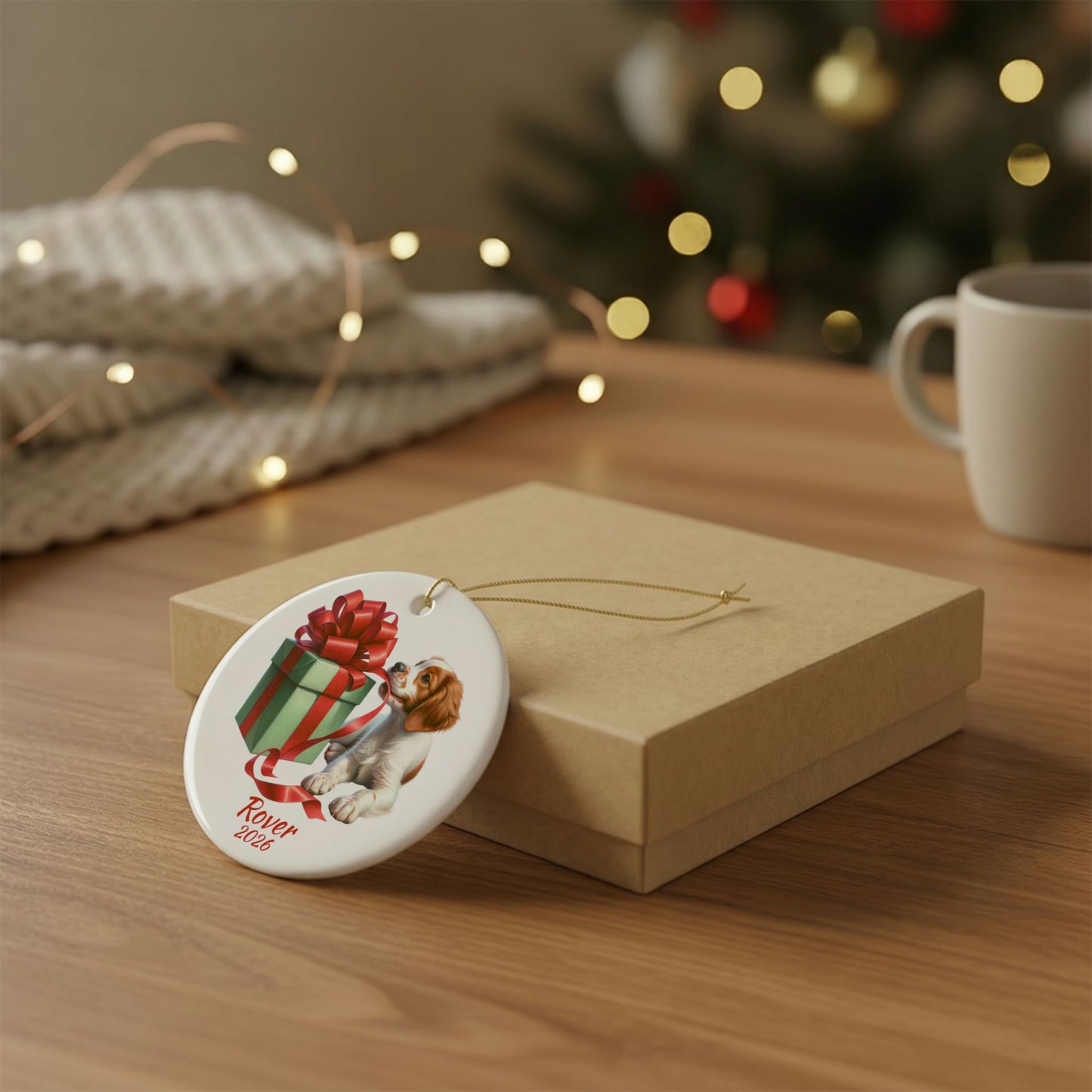 Brittany Spaniel ornament shown with the gold gift box option