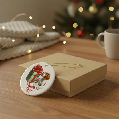 Brittany Spaniel ornament shown with the gold gift box option