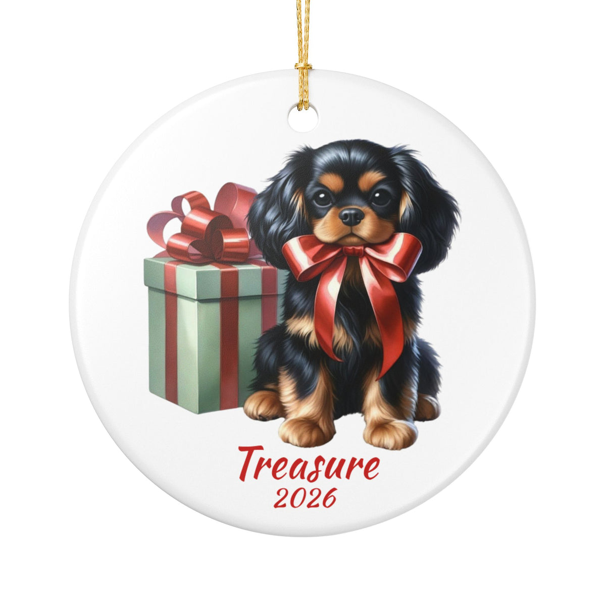 Black and Tan Cavalier King Charles Spaniel ornament shown with the gold gift box option