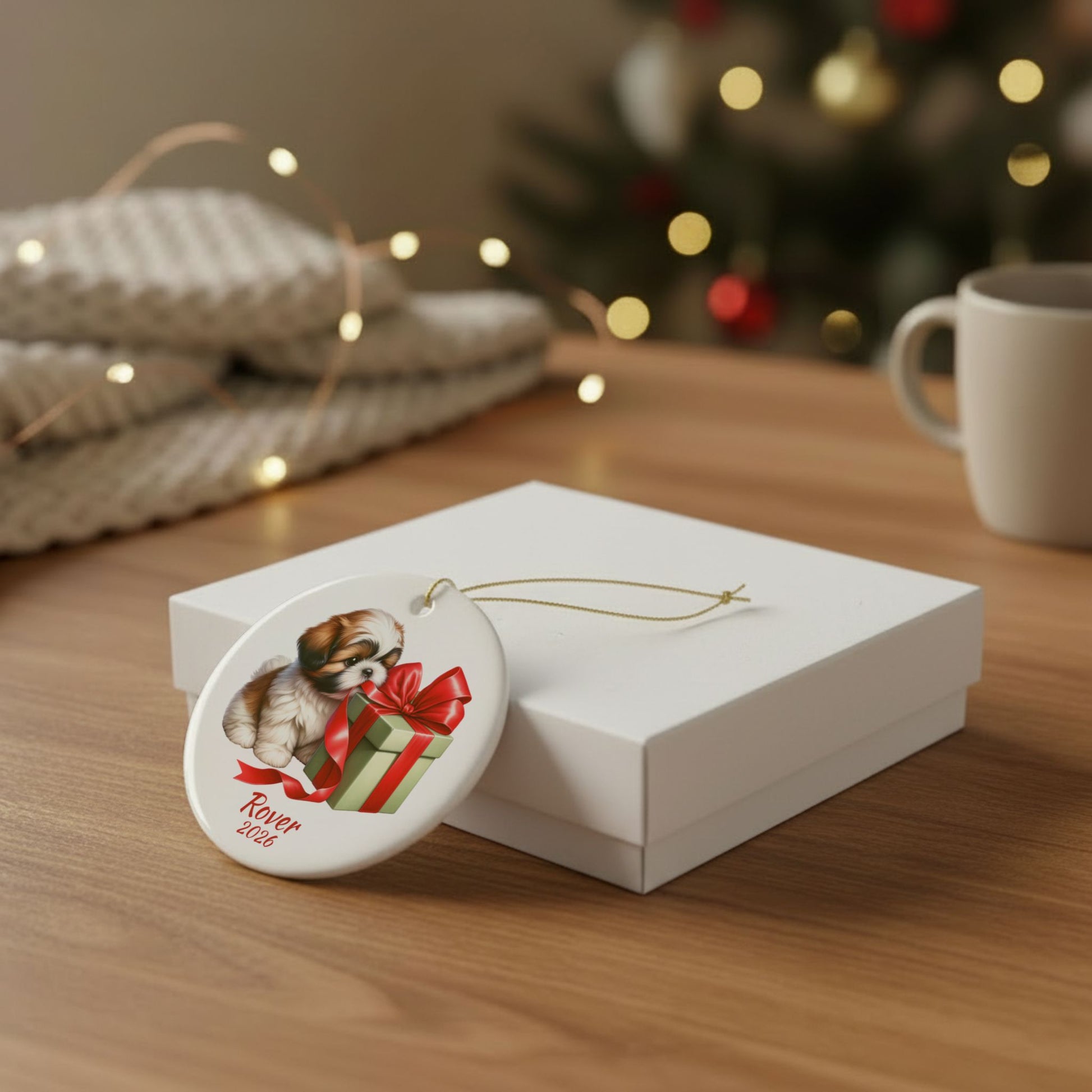 Shih Tzu ornament shown with the white gift box option