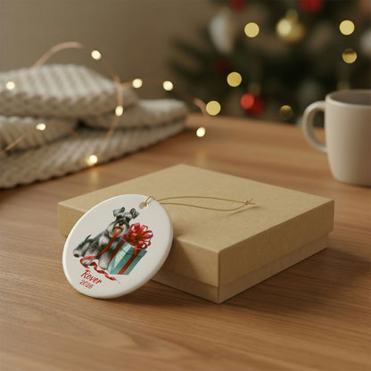 Miniature Schnauzer ornament shown with the gold gift box option