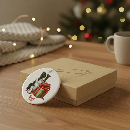 Border Collie ornament shown with the gold gift box option