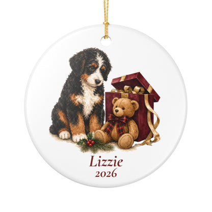 Bernedoodle ornament shown with the gold gift box option