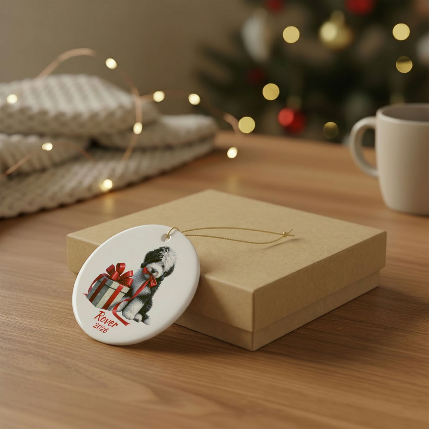 Sheepadoodle ornament shown with the gold gift box option