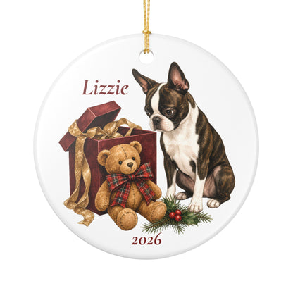 Boston Terrier (Brindle) ornament shown with the white gift box option