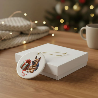 German Shepherd ornament shown with the white gift box option