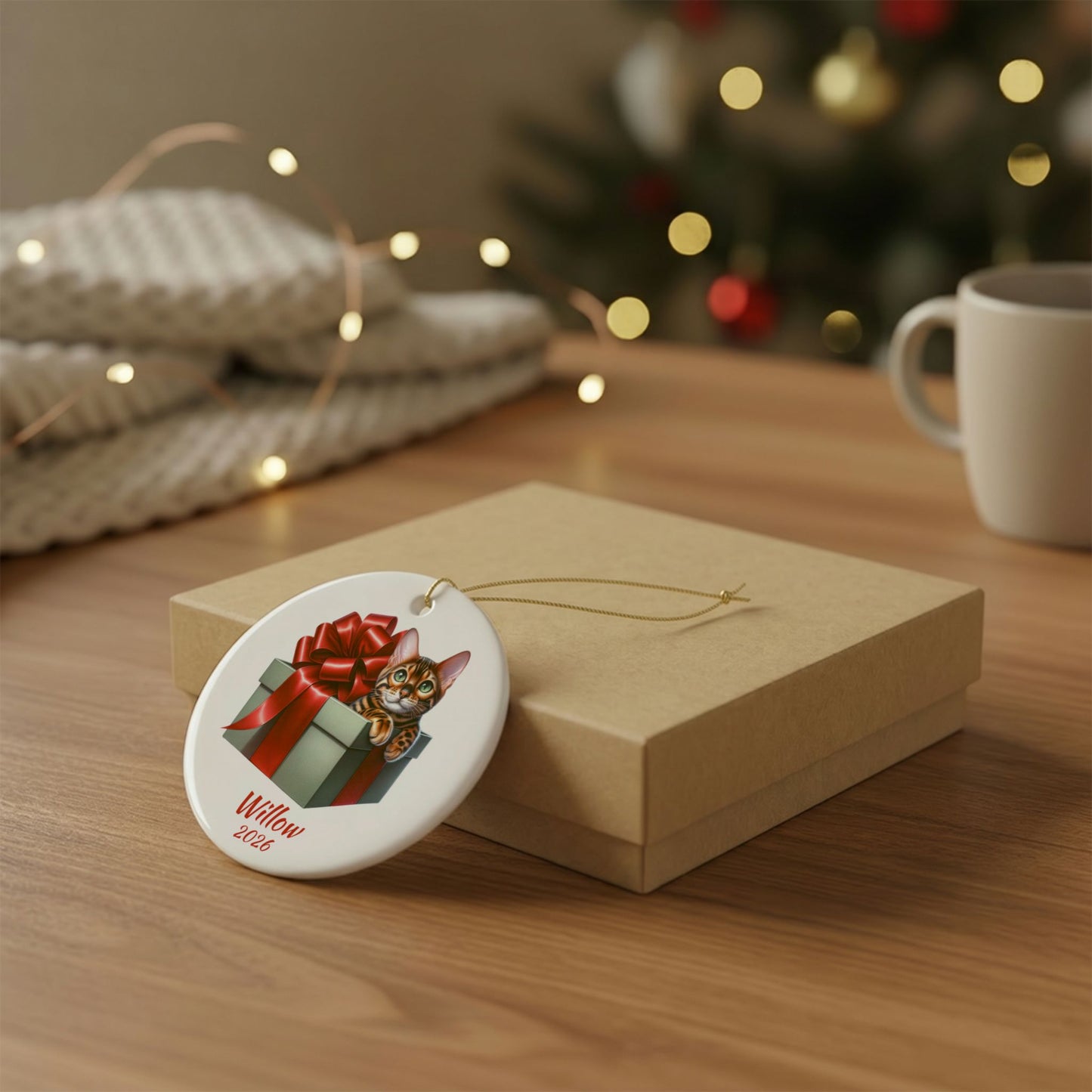 Bengal Cat ornament shown with the gold gift box option