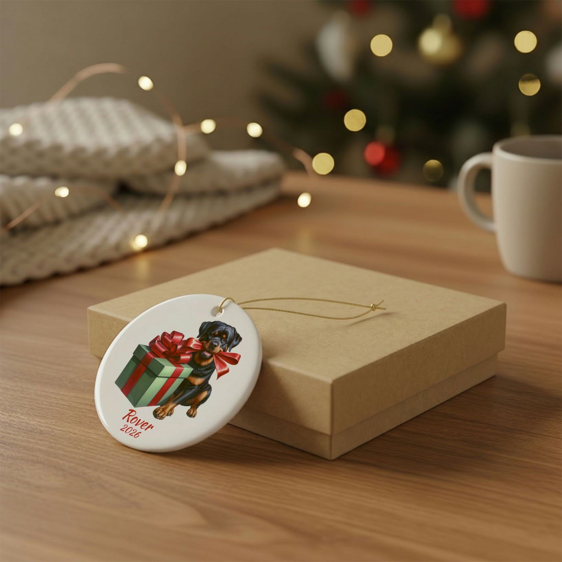 Rottweiler ornament shown with the gold gift box option