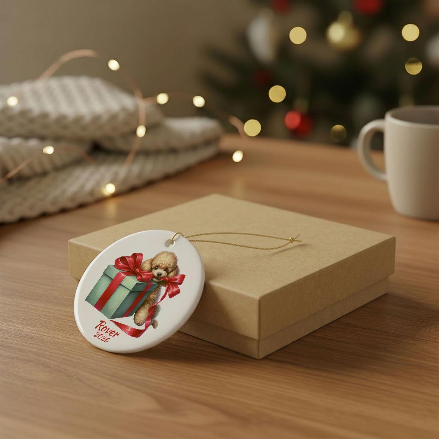 Apricot Poodle ornament shown with the gold gift box option