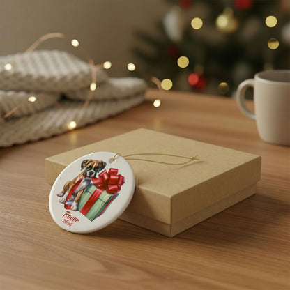 Boxer ornament shown with the gold gift box option