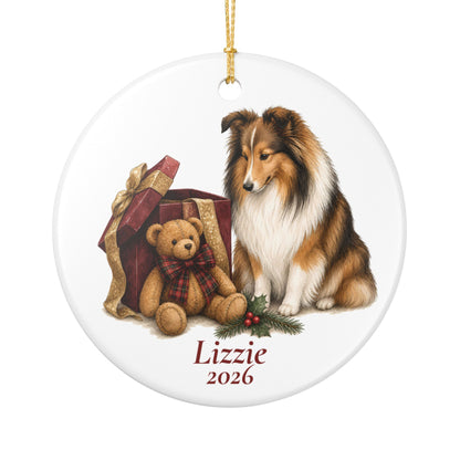 Shetland Sheepdog ornament shown with the white gift box option