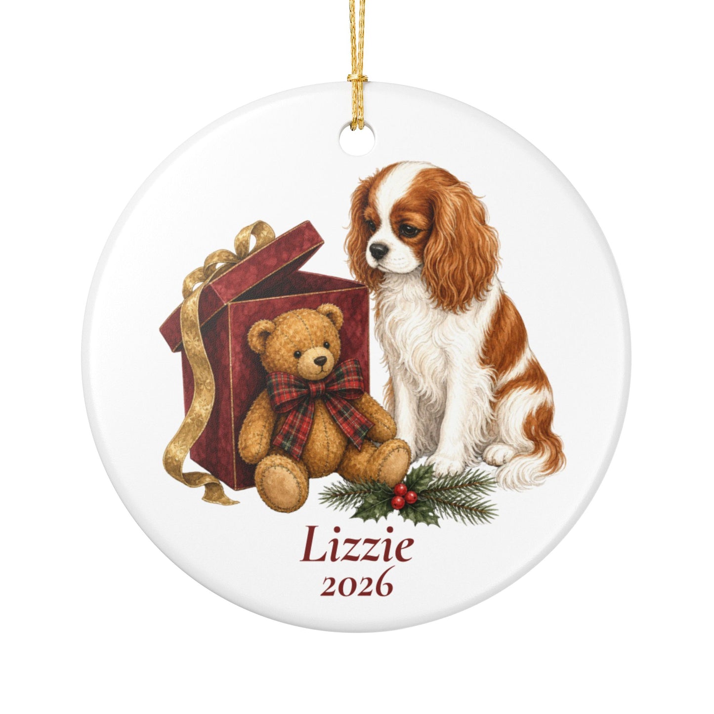 Cavalier King Charles Spaniel (Blenheim) ornament shown with the gold gift box option
