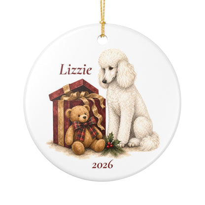 White Standard Poodle ornament shown with the gold gift box option