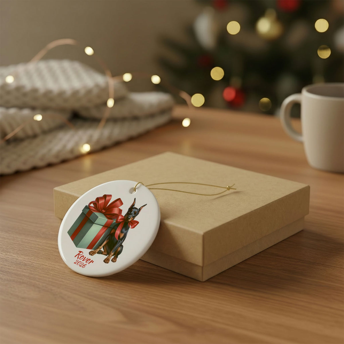 Black and tan Doberman Pinscher ornament shown with the gold gift box option