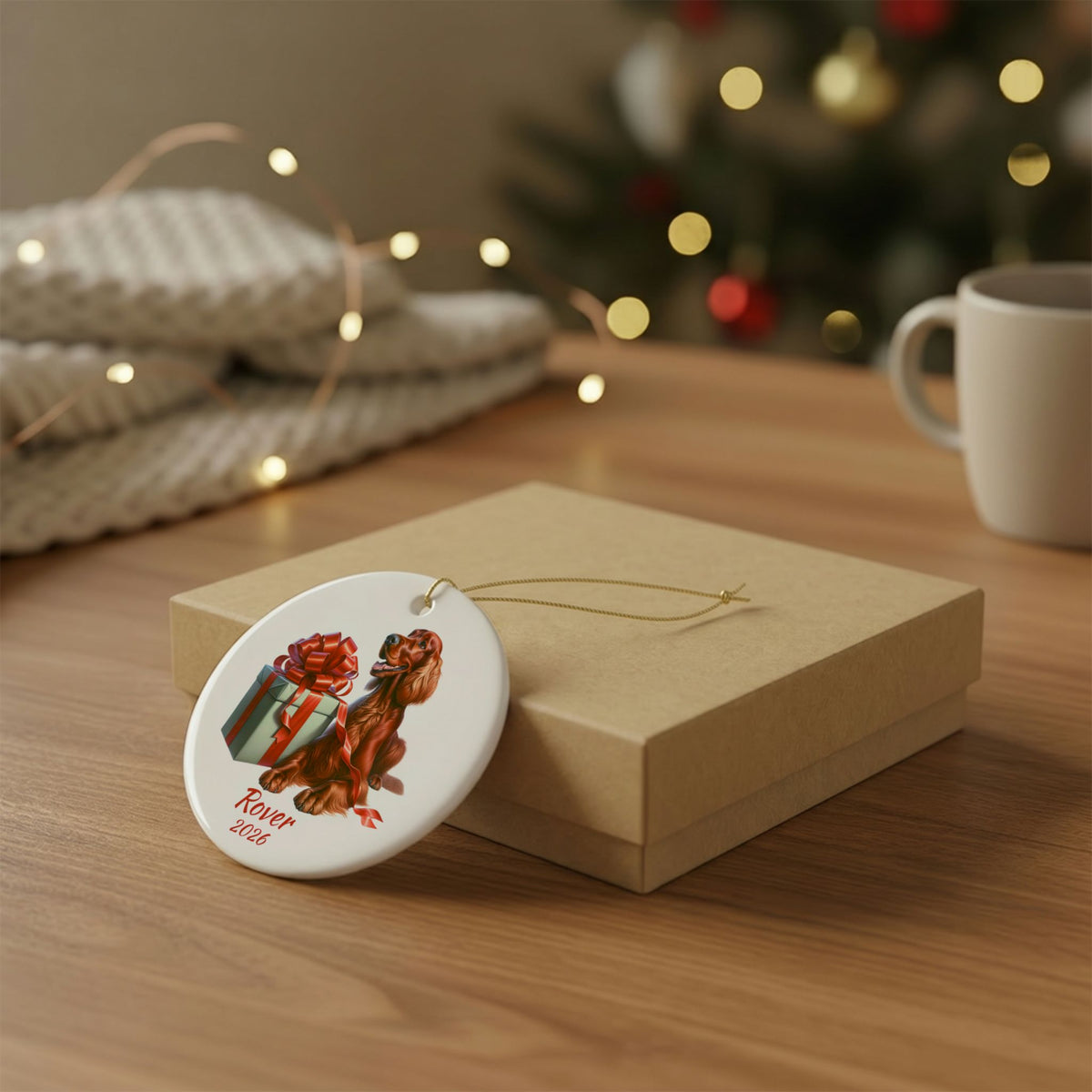 Irish Setter ornament shown with the gold gift box option