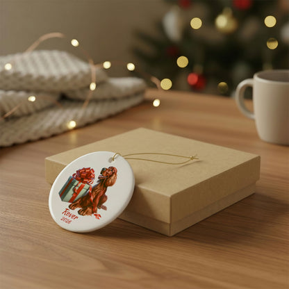 Irish Setter ornament shown with the gold gift box option