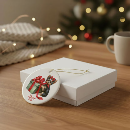 Yorkshire Terrier ornament shown with the white gift box option